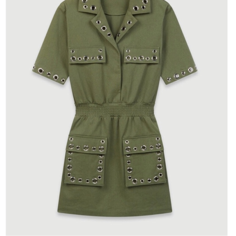 Maje Green Mini Shirt Dress with Notched Collar and Short Sleeves